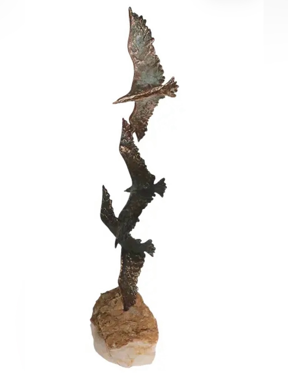 Curtis Jere Patinated Bronze Flying Birds Sculpture with Quartz Base